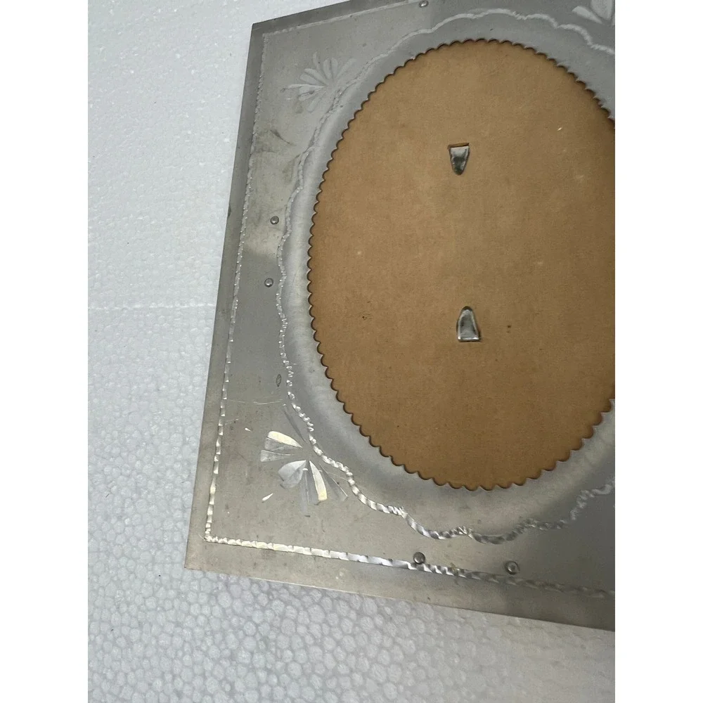 Vintage Etched Aluminum Picture Frame Oval Opening Easel Back Art Deco Floral